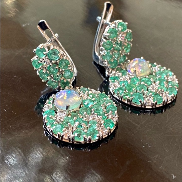 Fascinating Genuine Emerald Fire Opal Earrings - Picture 4 of 17